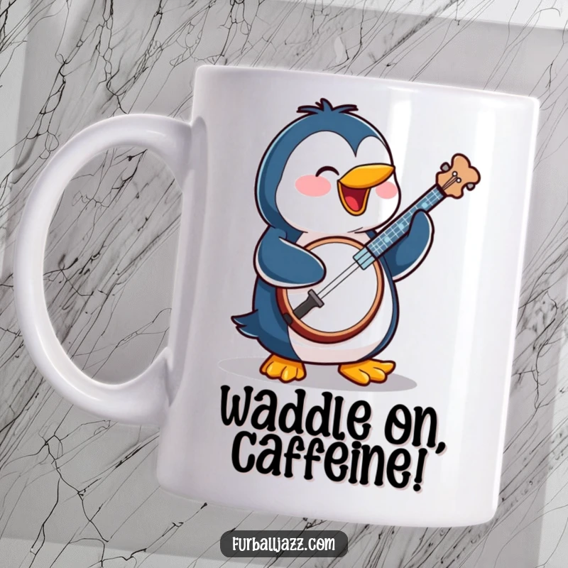 Funny penguin character joyfully playing a banjo with a happy expression, perfect for music lovers.