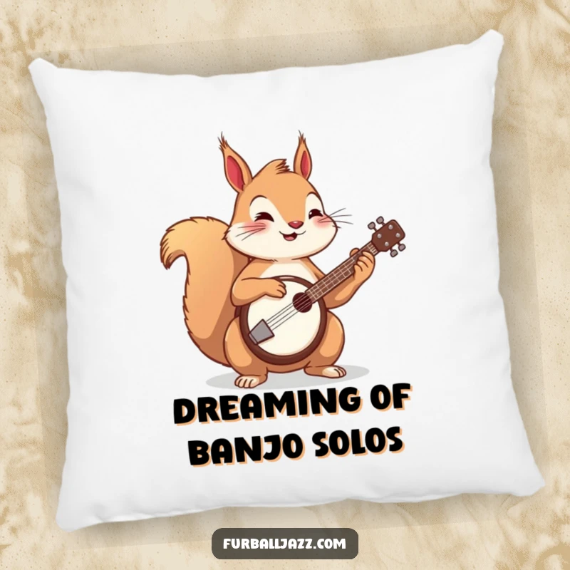 Funny squirrel playing a banjo on a pillow, a soft and humorous decorative accent for any space.