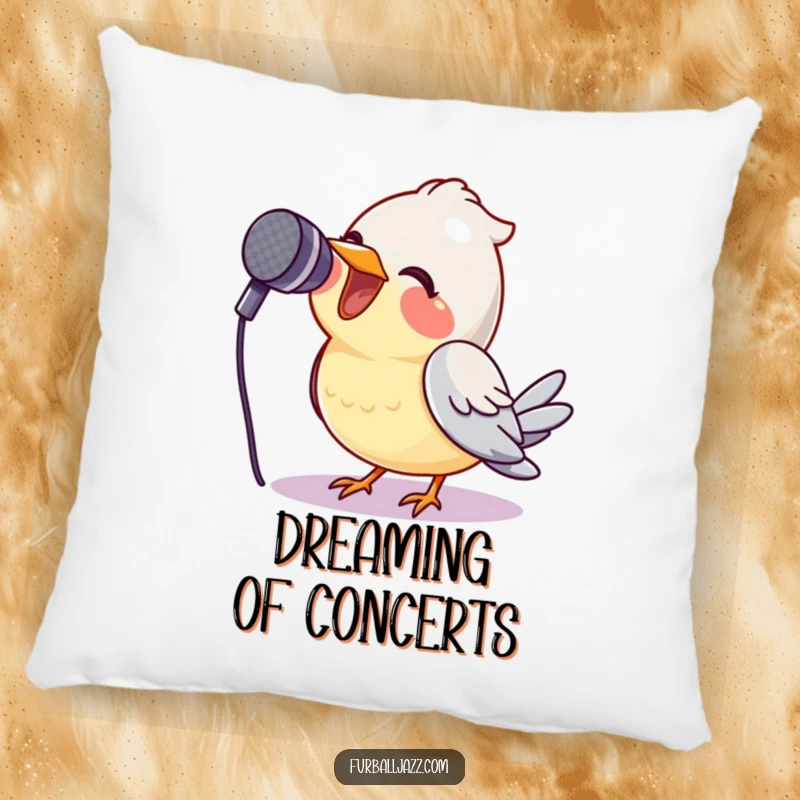 Funny bird with a microphone on a soft pillow, a humorous and comfortable accent for any room.