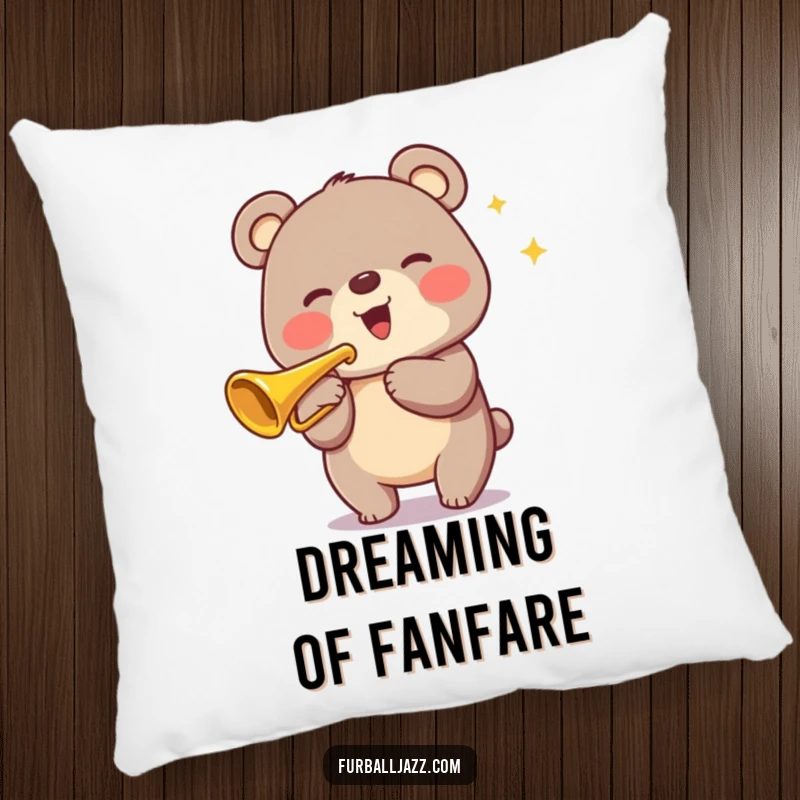 Funny Bear Trumpet Pillow featuring a plush, smiling bear playing a shiny trumpet, perfect for adding comfort and humor.