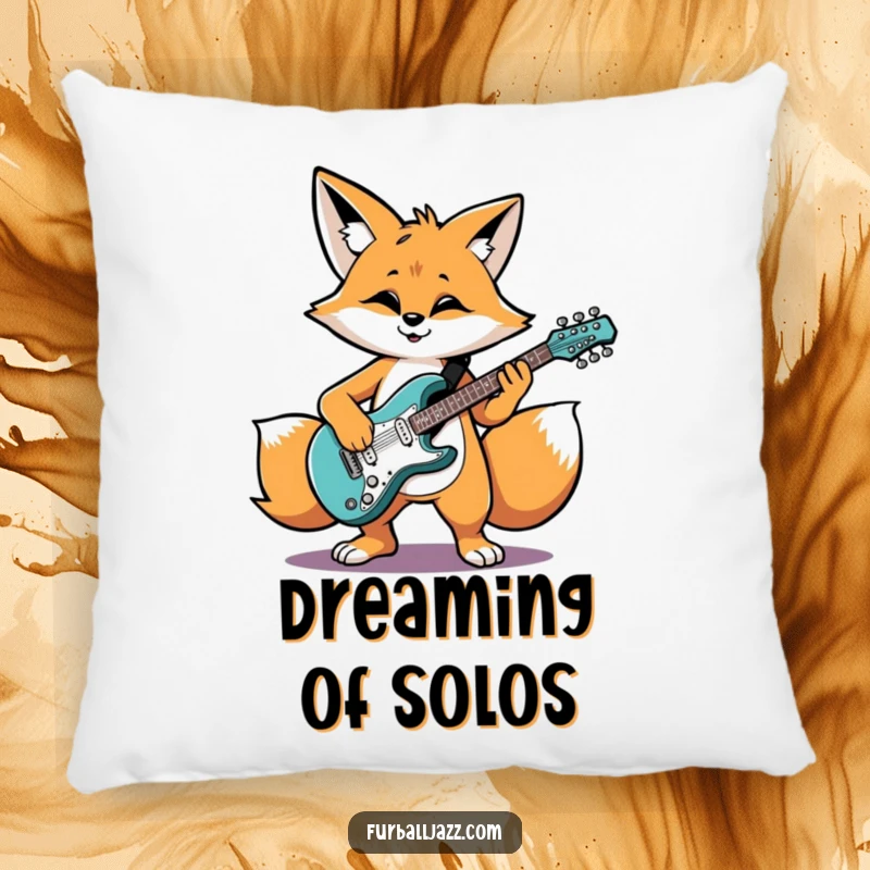 Funny fox character grooving on an electric guitar, a soft and funny pillow.