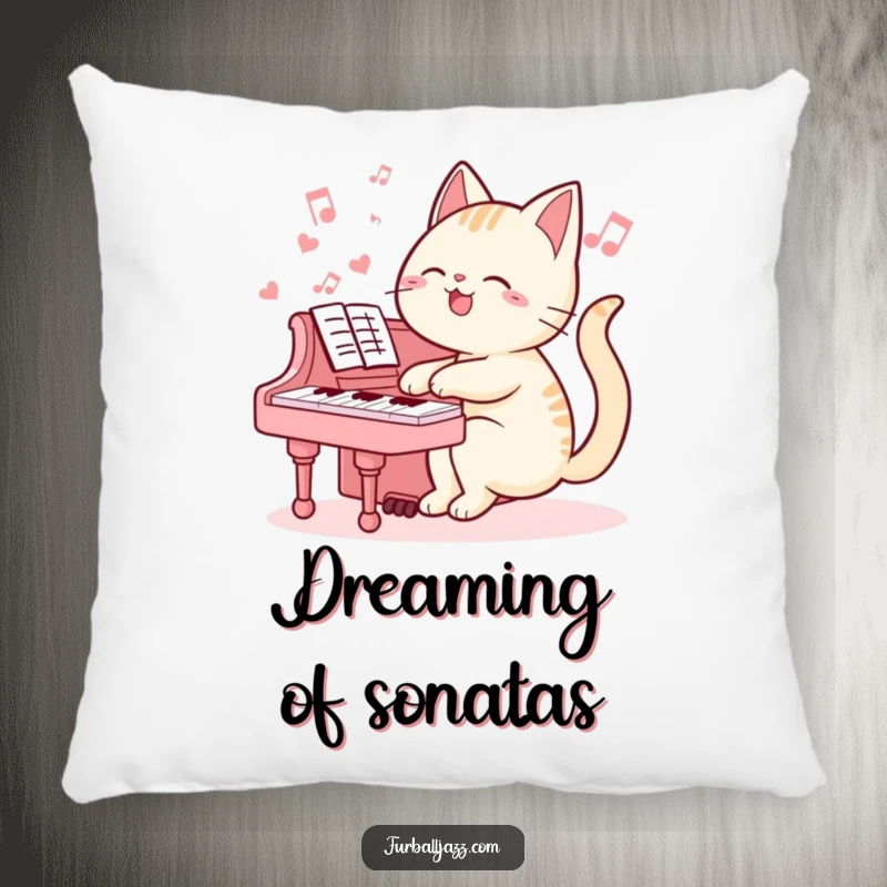 Funny cat pillow featuring a cute cat playing the piano, providing comfort and a humorous touch to any living space.