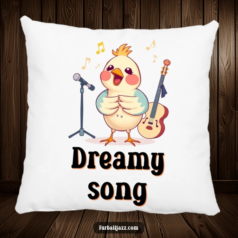 Funny bird performing a jazz solo on a decorative pillow, adding musical charm and humor to any room.