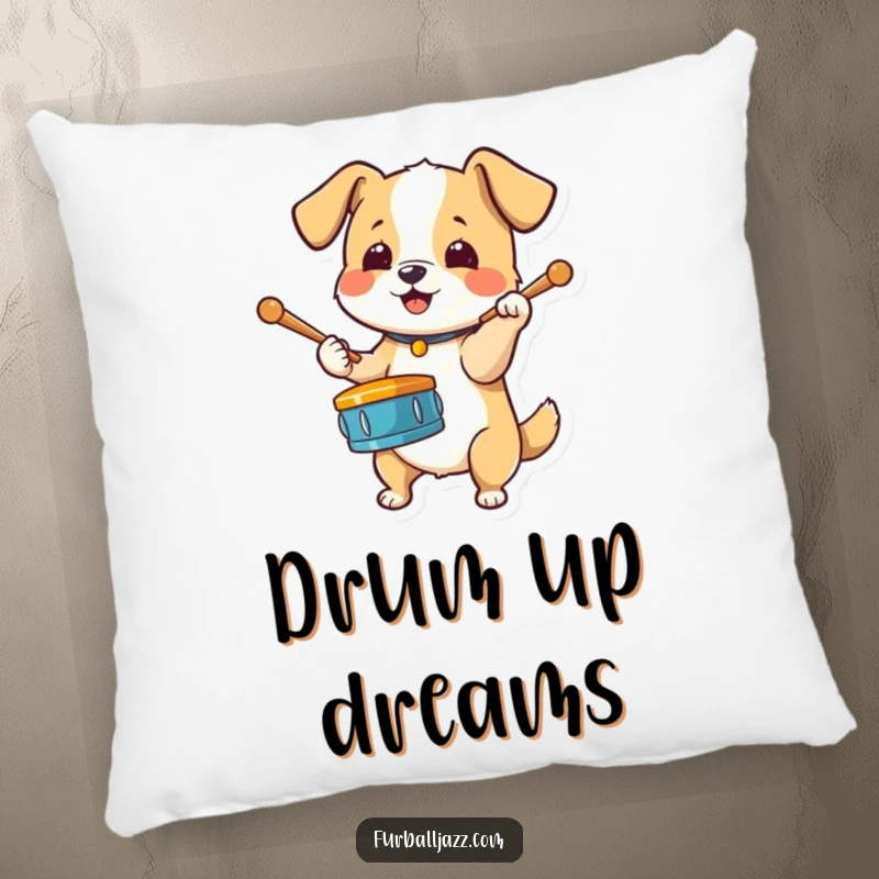 Funny Dog Drummer Pillow depicting an energetic dog tapping drumsticks on its paw, a soft and stylish accent for any home.