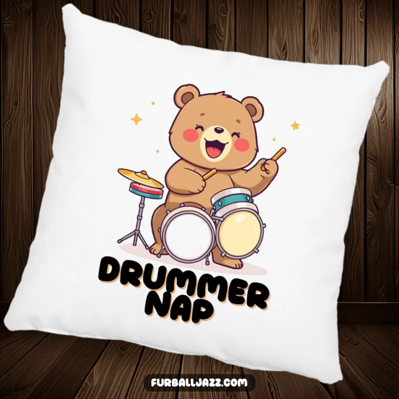Funny bear pillow with an energetic bear playing drums, offering comfort and a touch of musical humor.