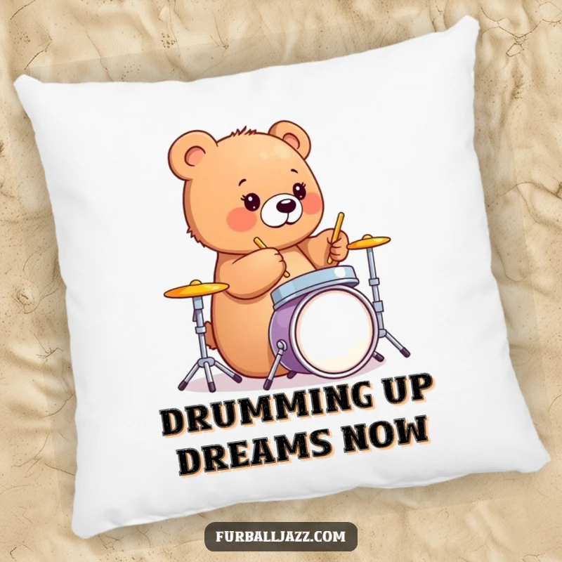 Funny bear cub tapping drumsticks on a drum set, a soft and humorous pillow for music lovers.