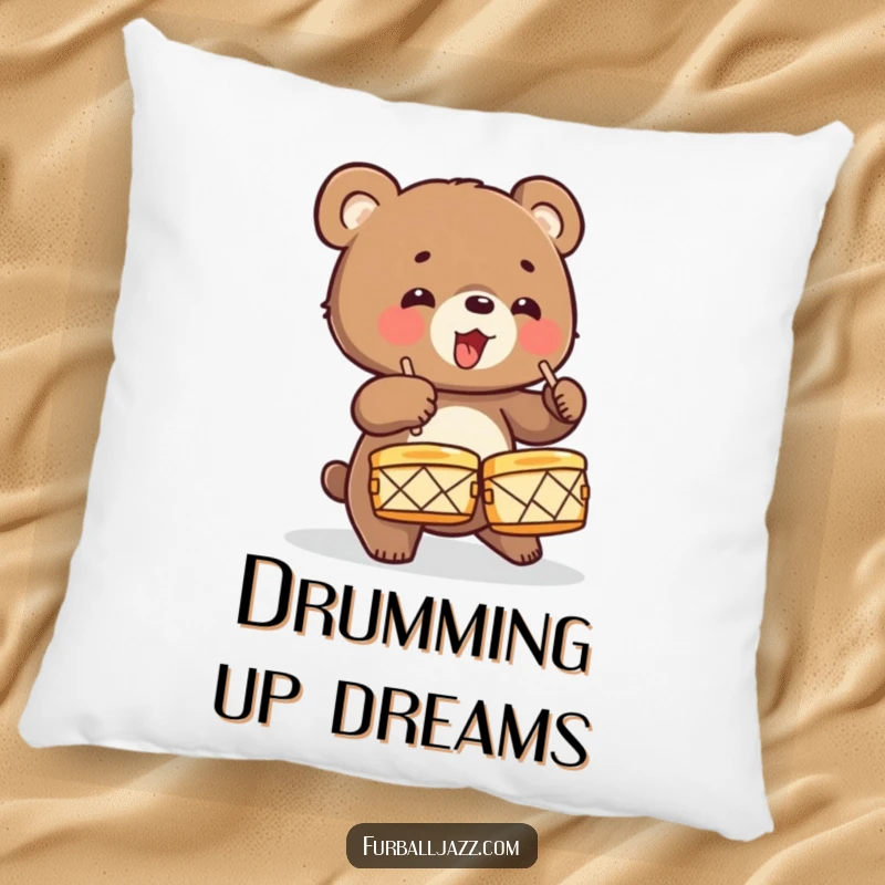 Funny Bear Cub Drummer Pillow featuring an energetic cub drumming on cymbals, designed for ultimate comfort and a touch of wild musical flair.