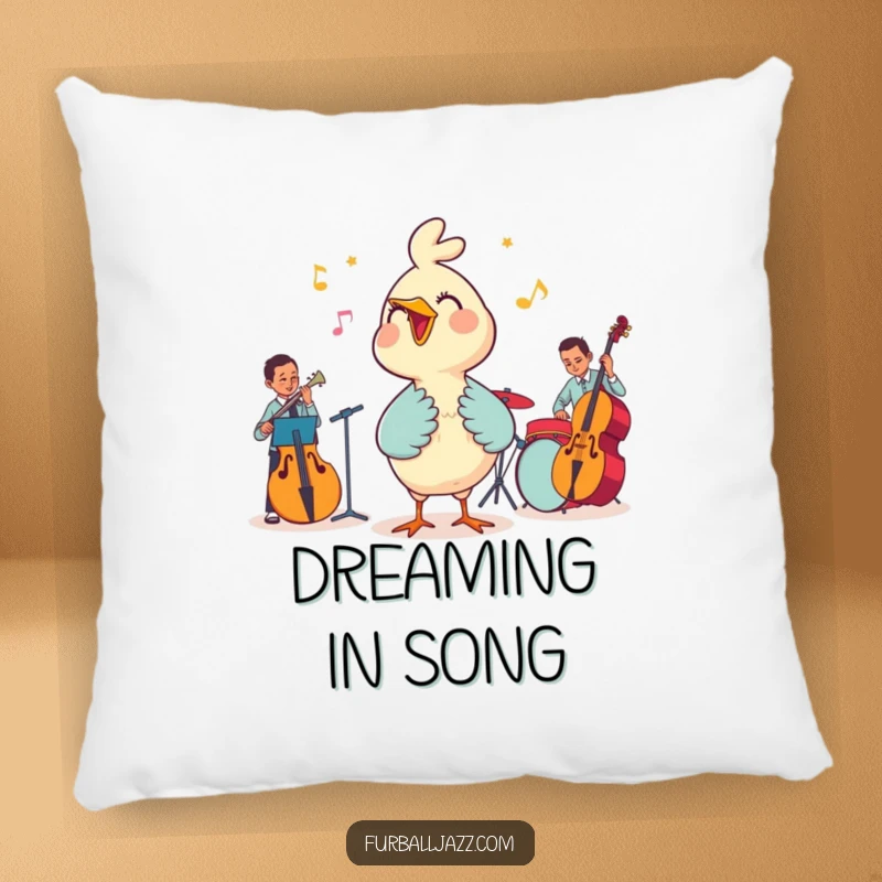 Funny pillow with a sweet bird character singing beautifully with a jazz band, perfect for a cozy and musical atmosphere.