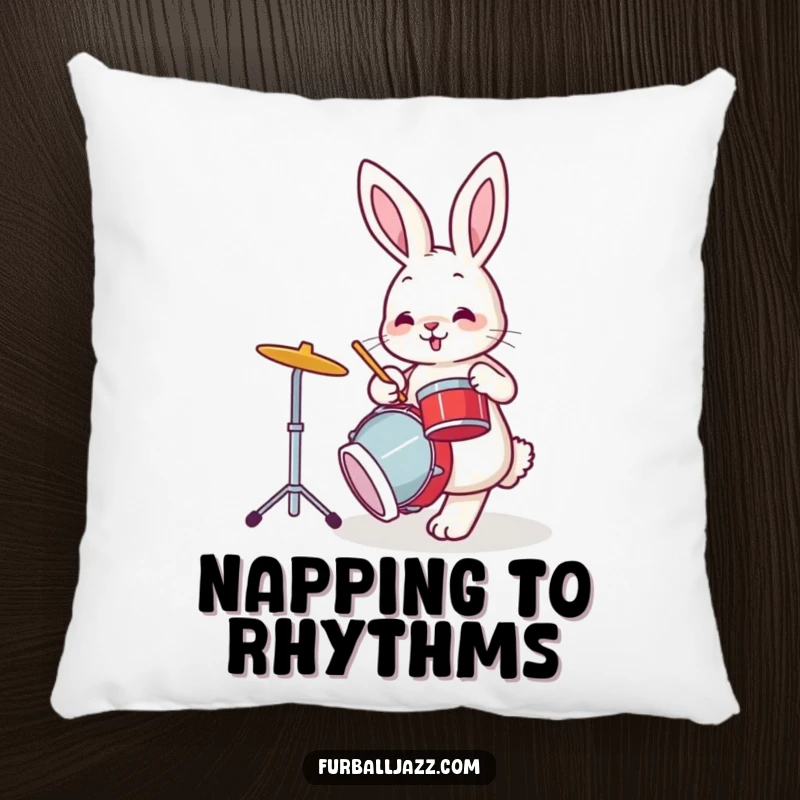 Funny bunny rabbit playing drums with its foot tapping, a soft and funny pillow.