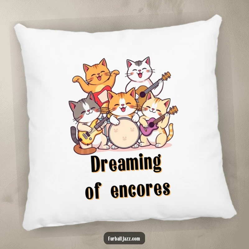 Funny cat pillow with a group of cats joyfully playing various musical instruments.