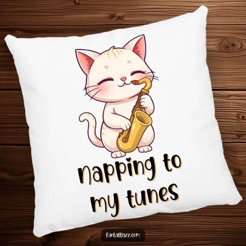Funny cat pillow featuring a happy cat with closed eyes playing a saxophone, offering soft comfort and a cool, humorous musical aesthetic.