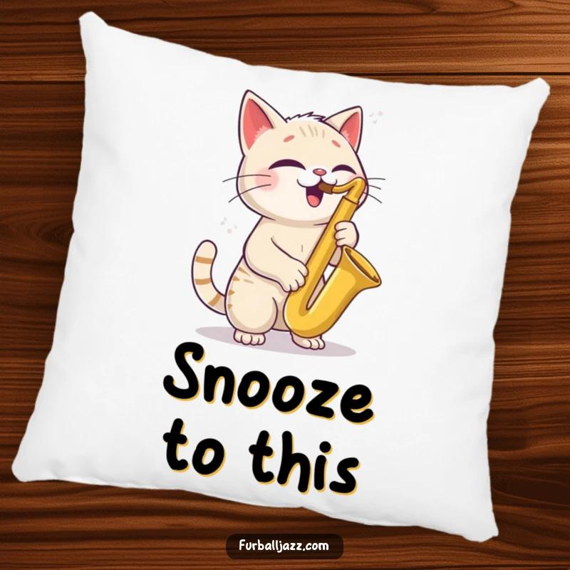 Funny Cat Saxophone Pillow depicting a joyful cat with a tilted head playing a saxophone, a soft and stylish accent for any room.
