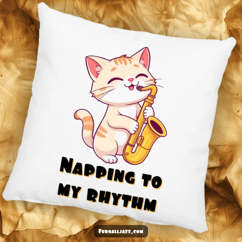 Funny cat playing a saxophone with a joyful, tilted head on a soft pillow.