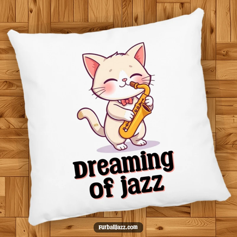 Funny cute cat playing a saxophone, bringing vibrant musical energy to a soft, decorative, funny pillow.