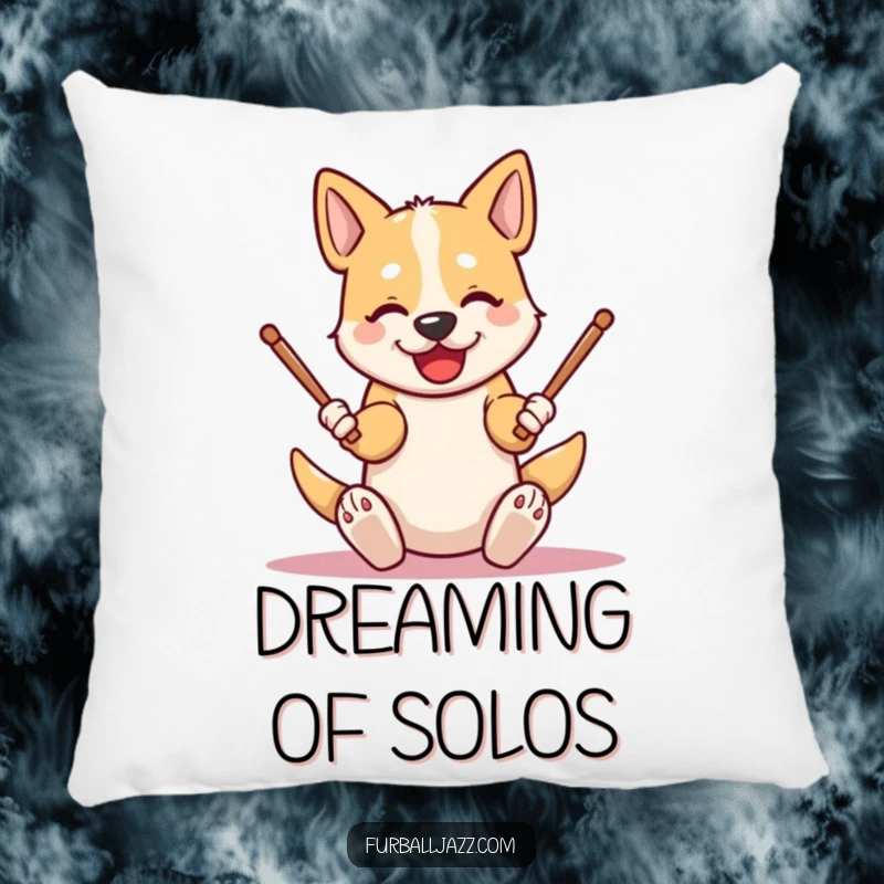 Funny dog pillow featuring an energetic character tapping drumsticks on its knees, offering soft comfort and a cool, humorous musical aesthetic.