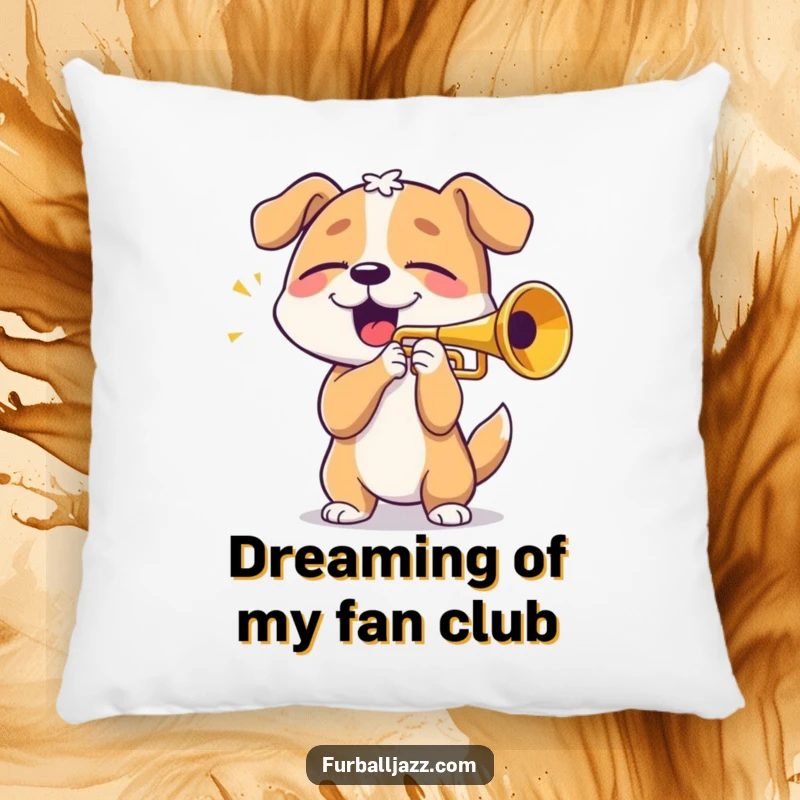 Funny dog playing trumpet, eyes closed blissfully, a soft and humorous pillow, ideal for cozying up.