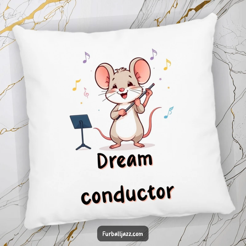 Funny mouse conducting an orchestra on a decorative pillow, offering comfort and musical humor.