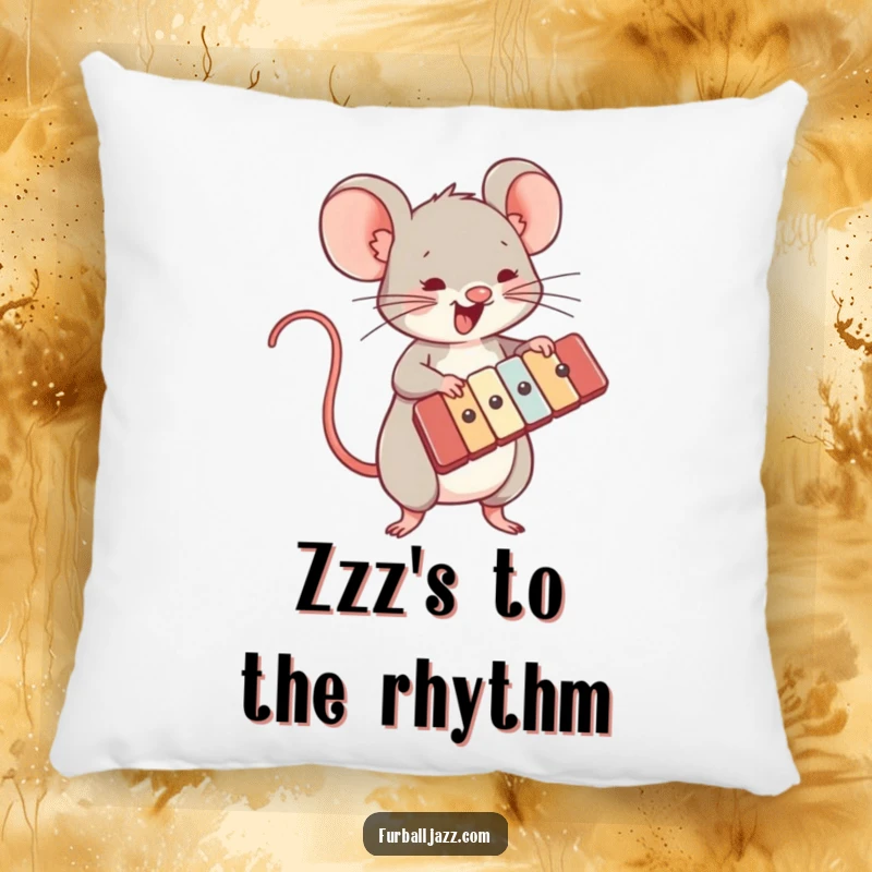 Funny pillow featuring an energetic mouse playing a xylophone, designed to add comfort and a musical vibe.