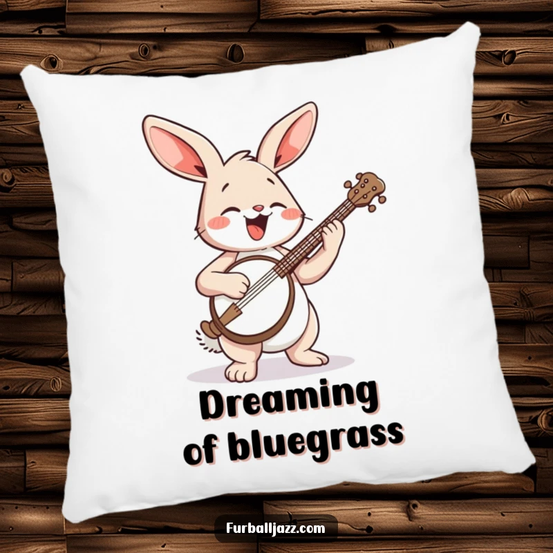 Funny Rabbit Pillow: A content rabbit resting, with a banjo nearby, embodying musical relaxation and joy.