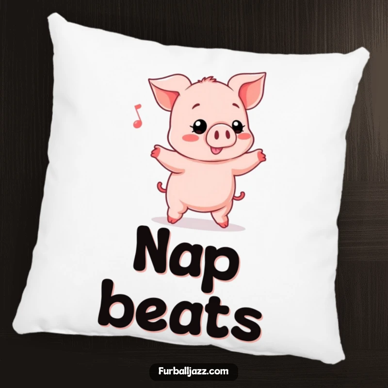 Funny Piglet sitting comfortably on a pillow, head bopping to music, a humorous and cozy decorative item.