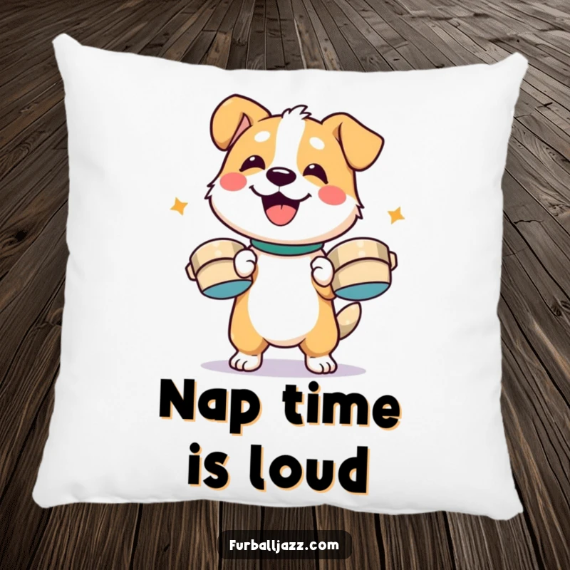 Funny dog character enthusiastically playing cymbals with a smile, bringing joy to a soft, decorative, funny pillow.