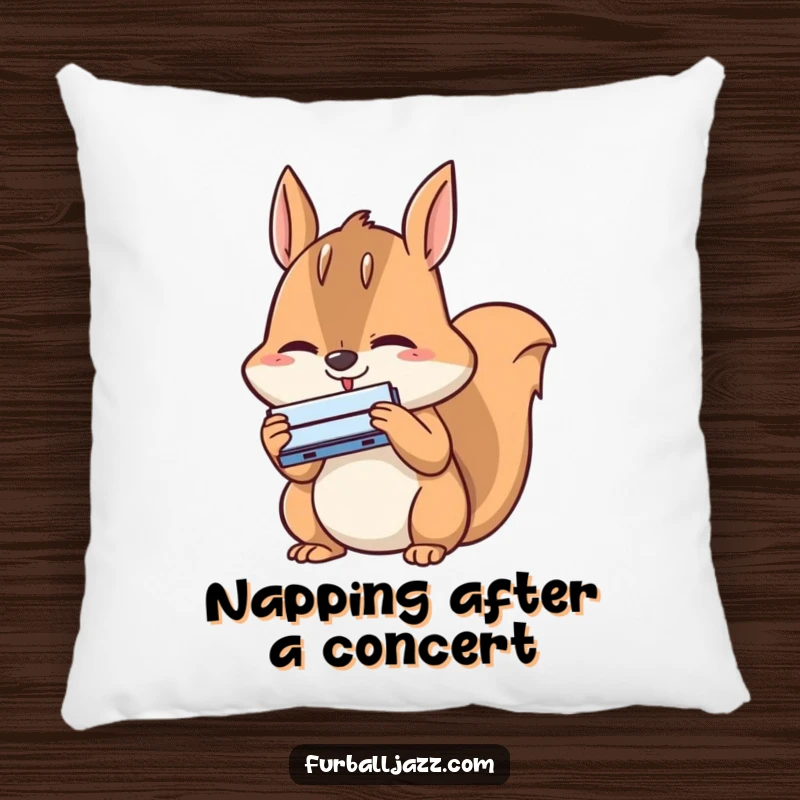 Funny squirrel pillow showing a happy squirrel intensely concentrating while playing a tiny harmonica, adding musical charm to any room.