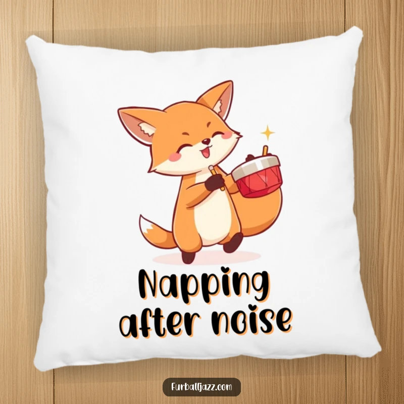 Funny fox energetically playing a pair of cymbals on a soft pillow.