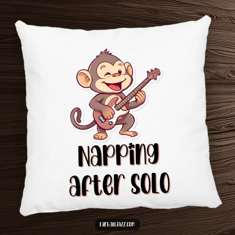 Funny mischievous monkey playing an energetic guitar solo, a soft and humorous pillow for music lovers.