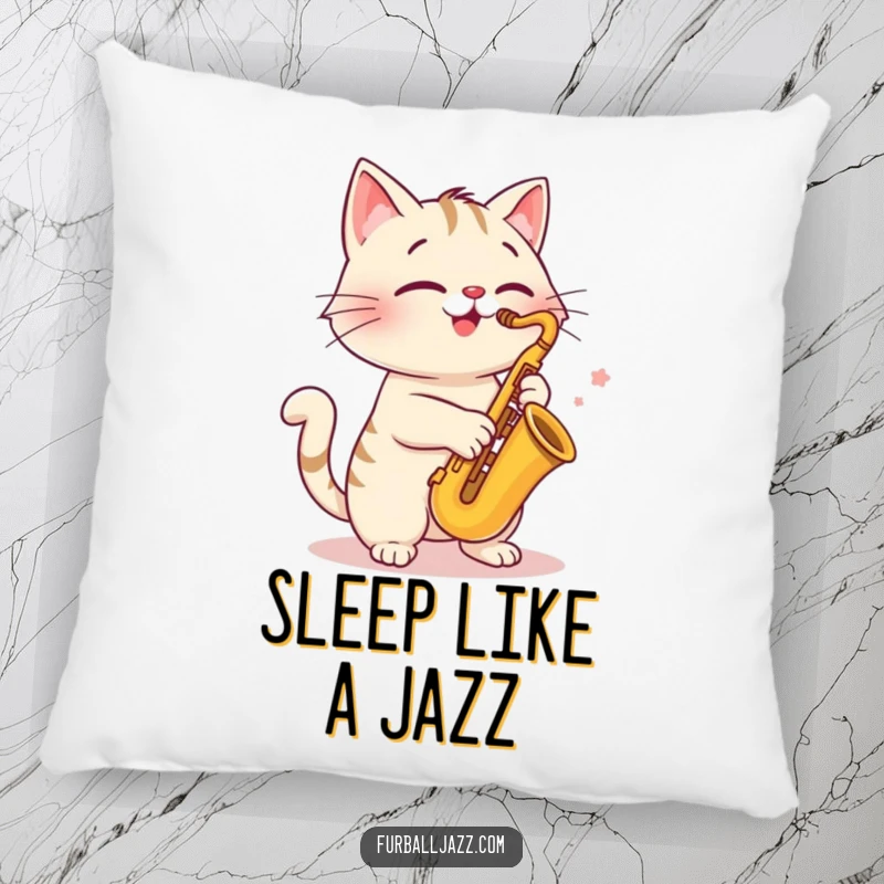 Funny cat saxophone pillow, cheerfully playing music, soft and inviting, bringing musical charm and humor.