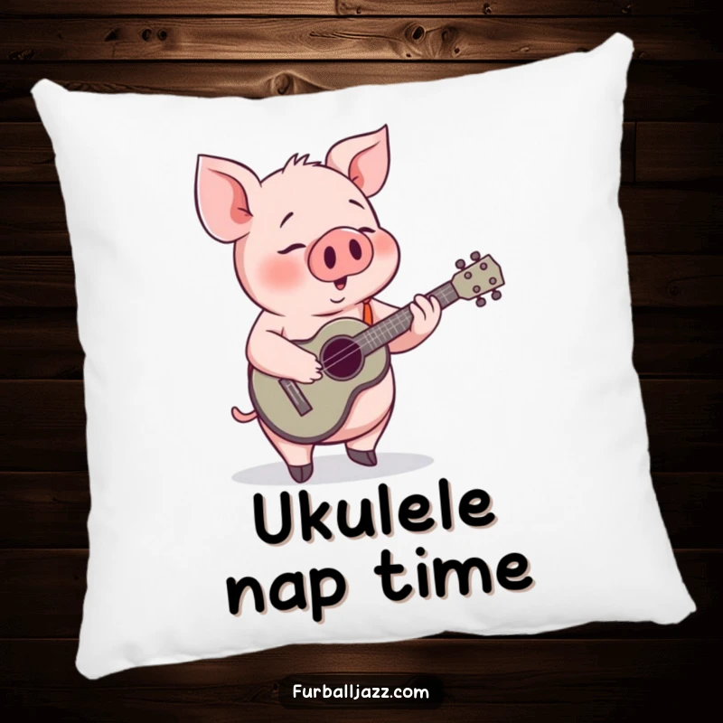 Funny Pig Ukulele Pillow: A contented pig holding a ukulele, embodying musical relaxation and fun.