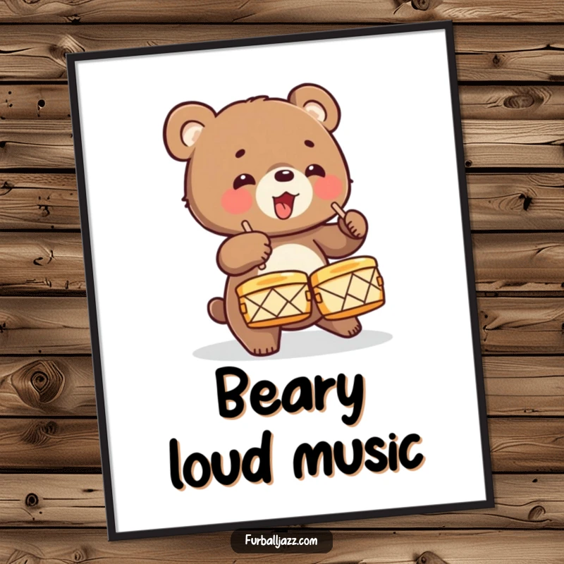 Funny Bear Cub Drummer Digital Art Print of an energetic cub drumming on cymbals, perfect for downloadable wild, musical wall decor.