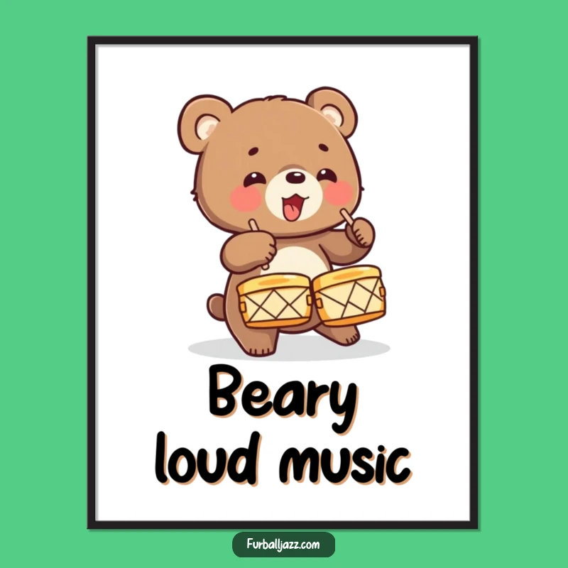 Funny Bear Cub Drummer Digital Art: Printable Energetic Decor, Wild Animal Music Art, Funny Gift