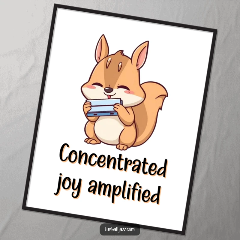 Funny squirrel digital art print of a happy squirrel with intense concentration playing a tiny harmonica, radiating musical charm.