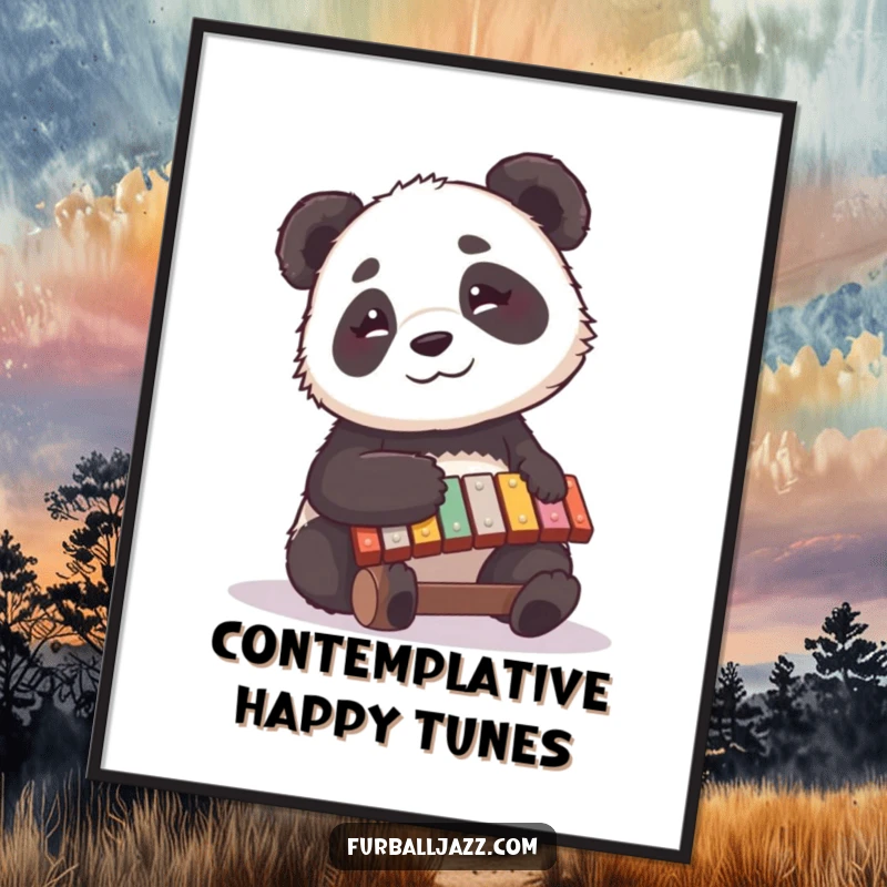 Funny panda digital art print of a curious panda playing a xylophone with a contented, happy expression, celebrating musical serenity.