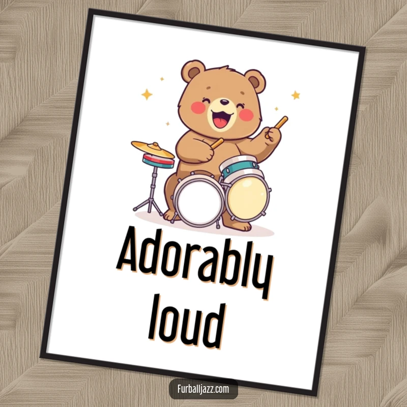 Funny bear digital art print of a bear intensely playing drums, ideal for instant wall decor with a powerful musical theme.
