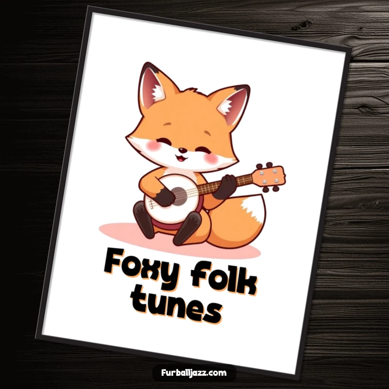 Funny banjo fox digital art print of a happy fox playing a tiny banjo, offering instant whimsical and musical wall decor.
