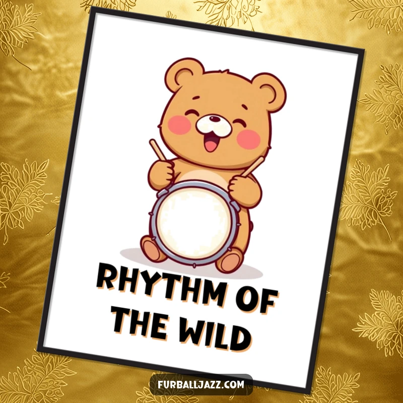 Funny bear character joyfully tapping drumsticks on a snare drum, a dynamic and funny digital art piece.