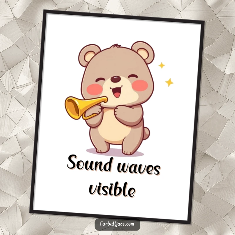 Funny Bear Trumpet Digital Art Print of a smiling bear playing a gleaming trumpet, vibrant and musical, perfect for decor.