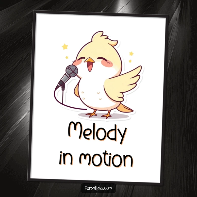 Funny Bird Microphone Digital Art Print of a joyful bird singing into a tiny microphone, vibrant and musical, perfect for decor.