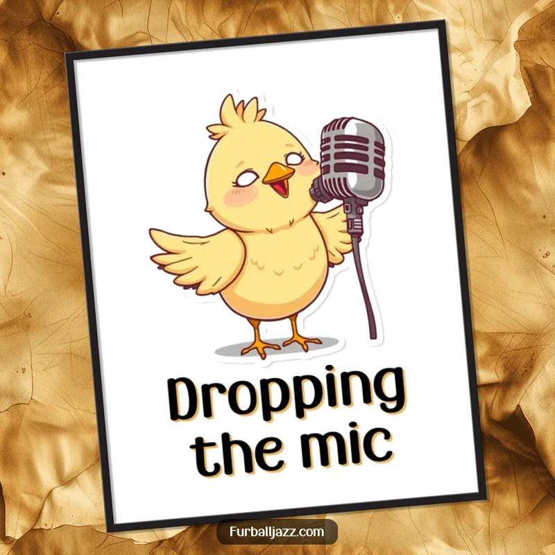 Funny digital art of a whimsical bird character singing into a vintage microphone, perfect for adding musical charm.