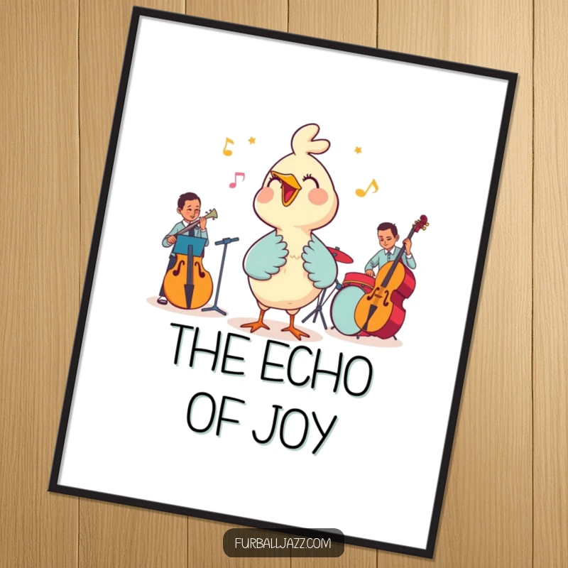 Funny digital art print featuring a cheerful bird character singing passionately with a talented jazz band, creating a vibrant scene.