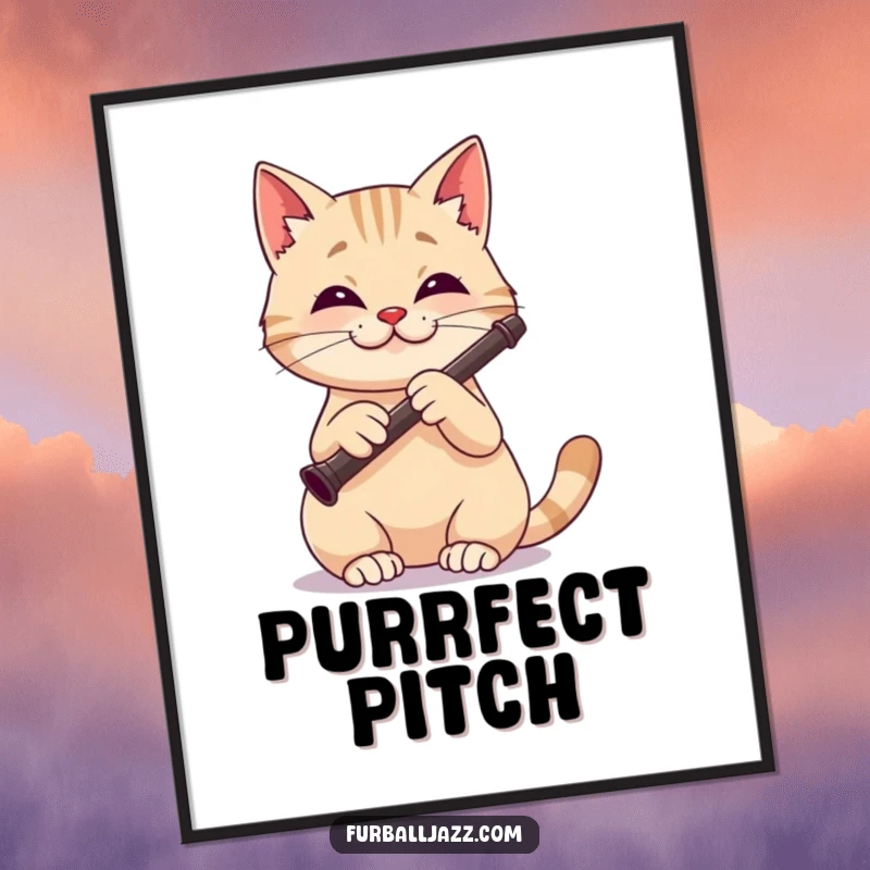 Funny cat digital art print of a focused and happy cat playing a clarinet with a cheerful expression.