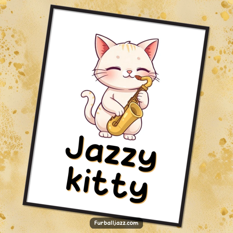 Funny cat digital art print of a happy cat with closed eyes playing a saxophone, perfect for instant download of cool, humorous jazz decor.