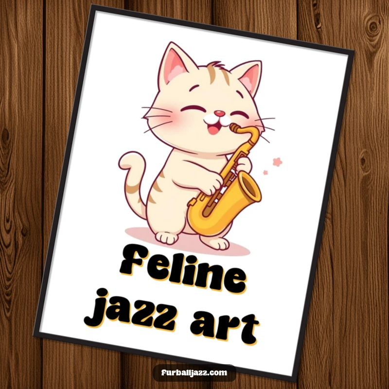 Funny cat saxophone digital art print, playing music with a cheerful expression, vibrant art for a musical and cool living space.