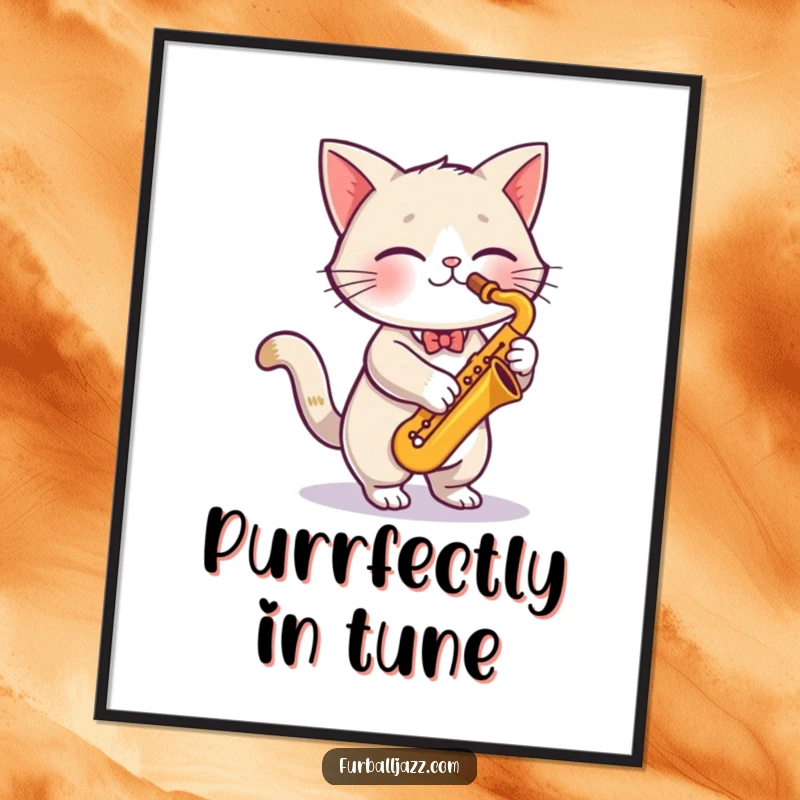 Funny cute cat playing a saxophone with vibrant energy, creating a lively and funny digital art piece.