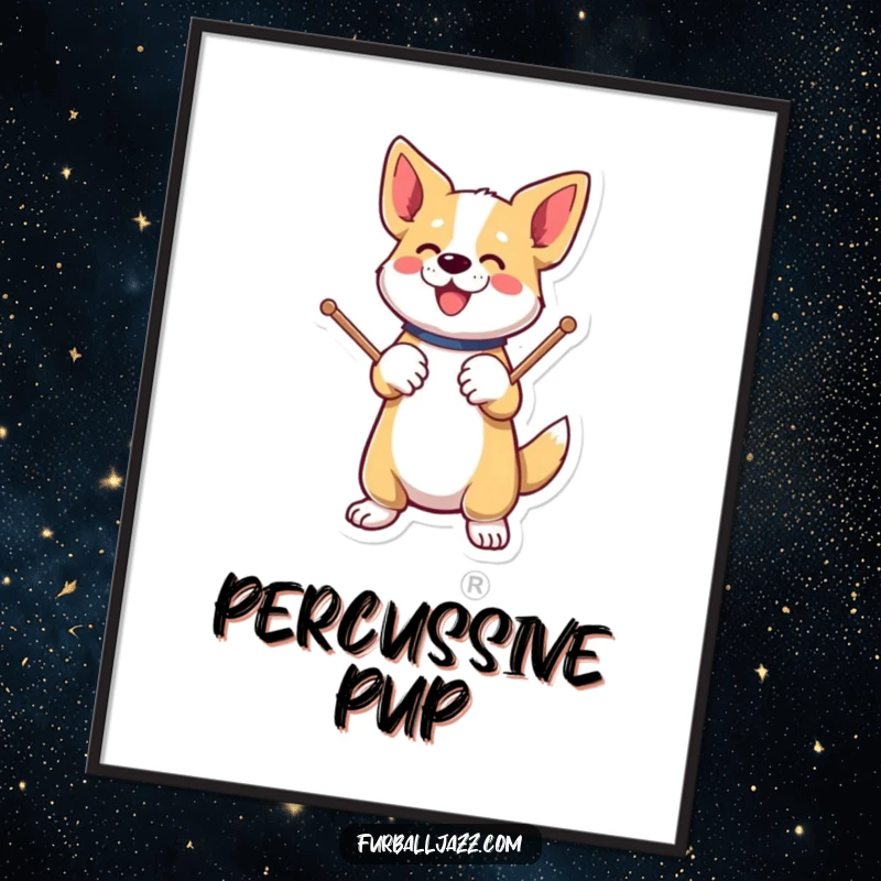 Funny dog energetically tapping drumsticks on a paw, as digital art for walls.