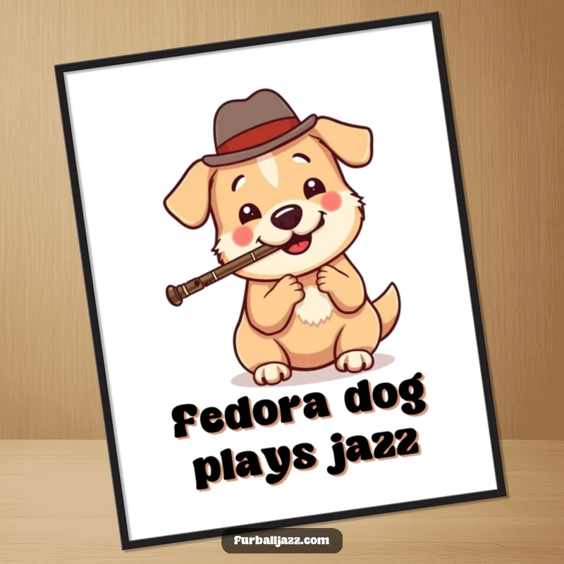 Funny dog jazz digital art print of a round, happy dog in a fedora playing a clarinet, radiating cool musical charm.