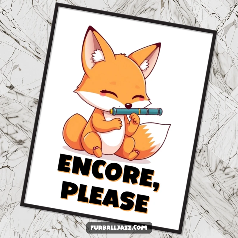 Funny fox artistically playing the clarinet with closed eyes, a downloadable digital print for humorous decor.