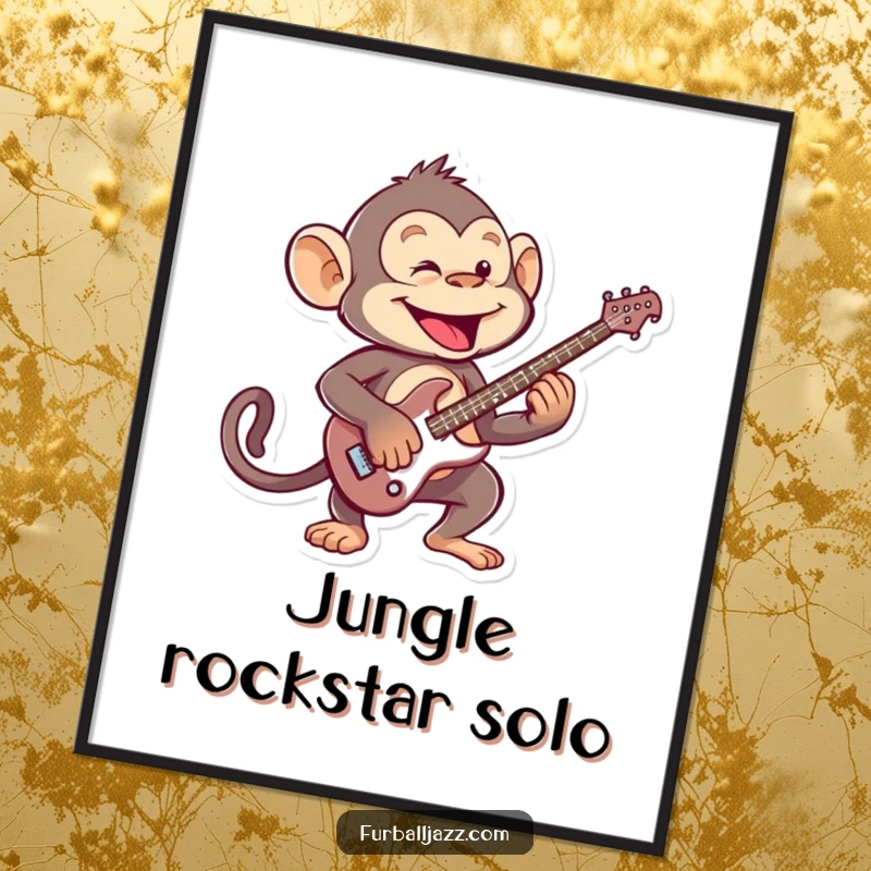Funny mischievous monkey playing an energetic guitar solo, downloadable digital art for music lovers.