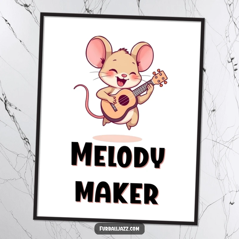 Funny mouse character energetically playing a tiny ukulele, available as a downloadable humorous art print.